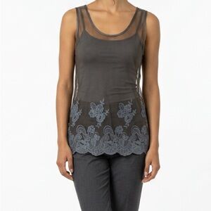 BR Gray Sheer Mesh Layering Top Floral Embroidery Quiet Luxury Boho Chic Small